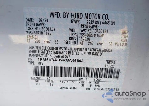 2024 Ford Police Interceptor z USA, uszkodzony, nr VIN 1FM5K8AB9RGA46893